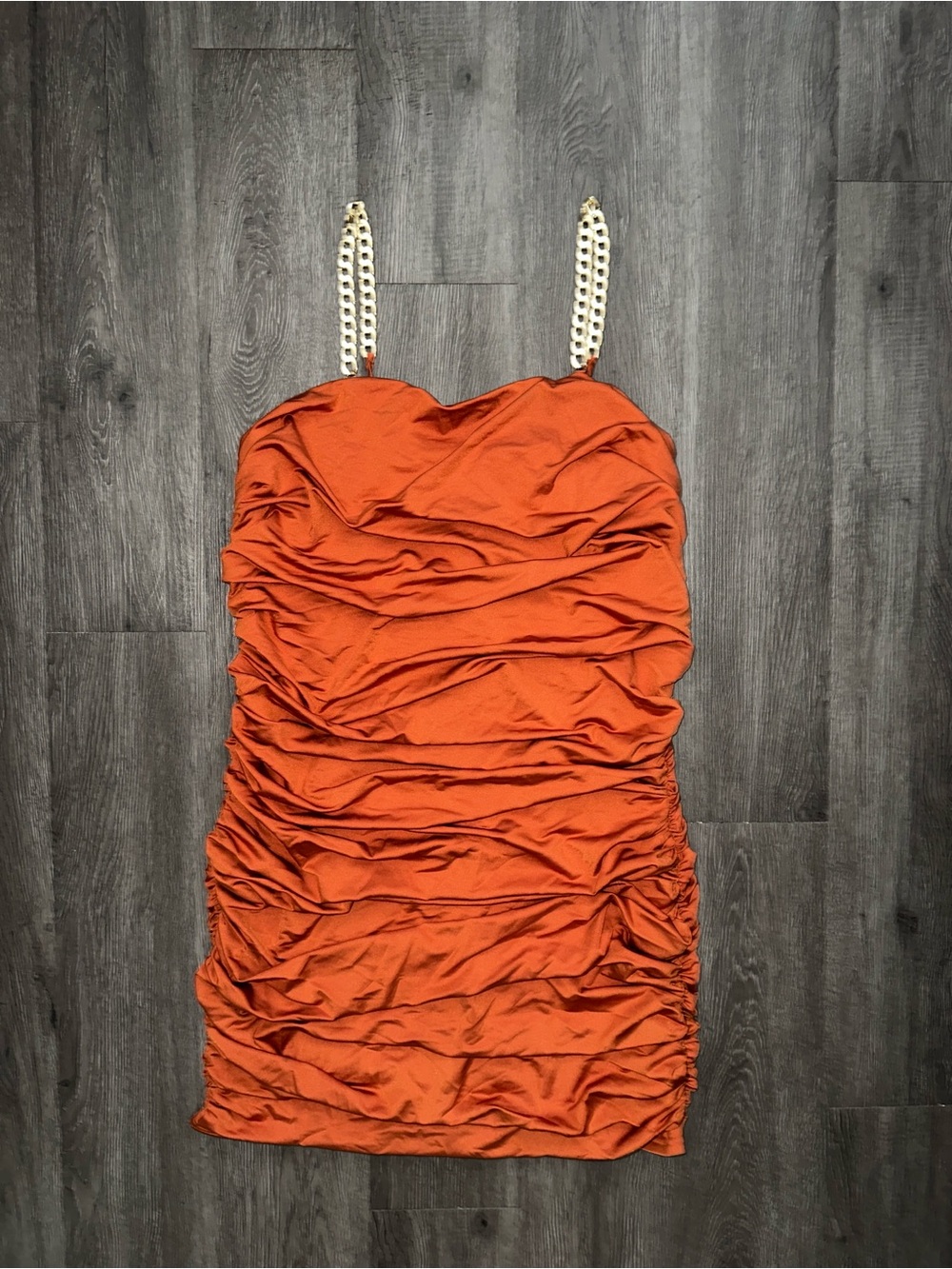 Chained To You Ruched Mini Dress - Cognac
